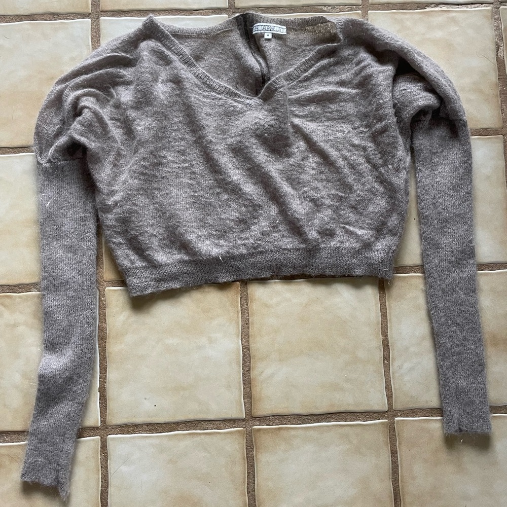 V-Neck Cropped Shaggy Thin Sweater, Wool, Mohair, Nylon